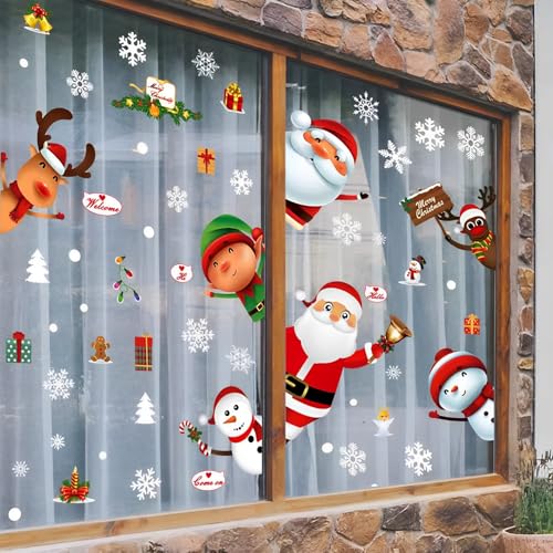 94pcs Christmas Window Clings ? Snowflake Santa Reindeer Party Decals, Holiday Decorations for Home, Indoor Outdoor Window Decor, Removable Festive Stickers