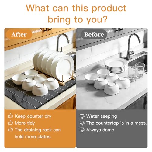 Gray Marble Stone Dish Drying Mat with Rack - Diatomaceous Earth Kitchen Accessories