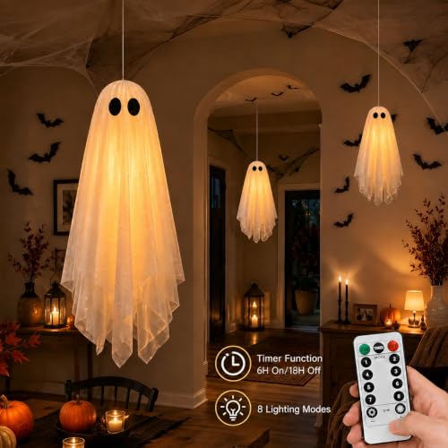 White Medium Hanging Ghost Decorations Set - Pre-Assembled Halloween Ghosts with Remote & Warm Glow