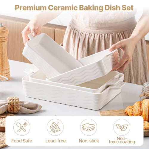 White Ceramic Casserole Dishes Set of 4 - Oven Safe Bakeware with Handles