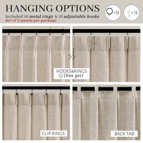 PleatedDrapes 96 Inch Curtains 2 Panel Set, Modern Linen Pleat Back