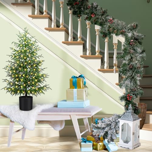 ENVEN 4FT Prelit Norfolk Pine Christmas Tree – Real-Touch Artificial Cedar with 80 LED Lights, 8-Function Plug-in, Potted Faux Tree (4ft-1 Pack)