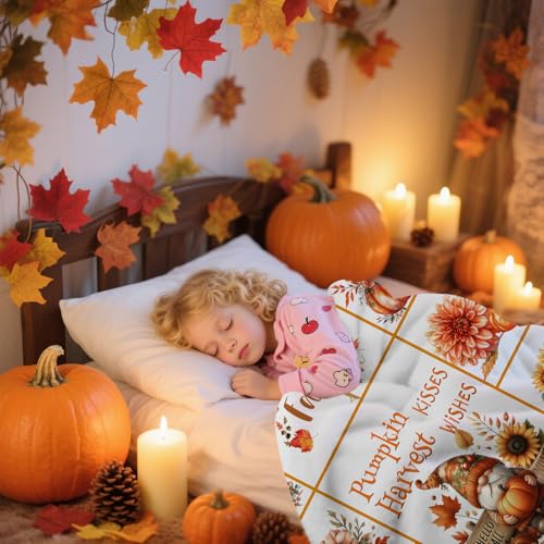 yuboo Thanksgiving Pumpkin Gnome Throw Blanket, 50"x60" Orange White Autumn Harvest Suflower Blankets and Throws for Couch, Fall Themed Farmhouse Home Decor Gifts