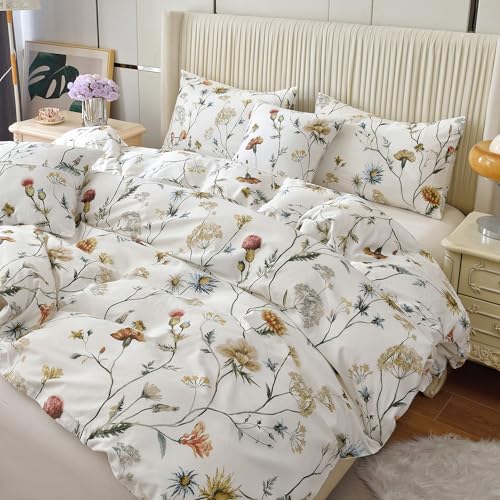 HMtideby White Twin Duvet Cover Set 100% Cotton Floral with Zipper