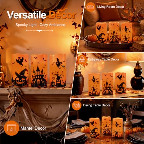 Homemory Halloween Waterproof Flameless LED Pillar Candle with Timer Remote – Castles, Witches, Pumpkins