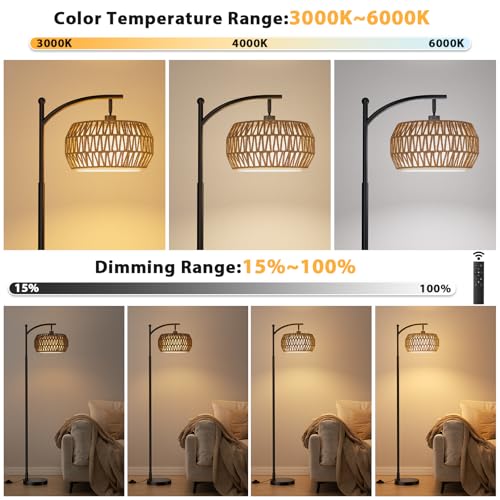 Ambimall Black Bohemian Arc Floor Lamp with Rattan & Linen Shades, Remote Control