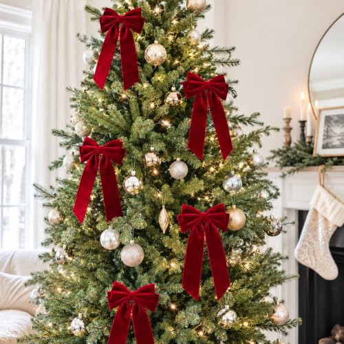 Senjie Velvet Christmas Bows 2" Wide, Red, 10-Pack – Pre-Tied Decorative Tree Garland Wreath
