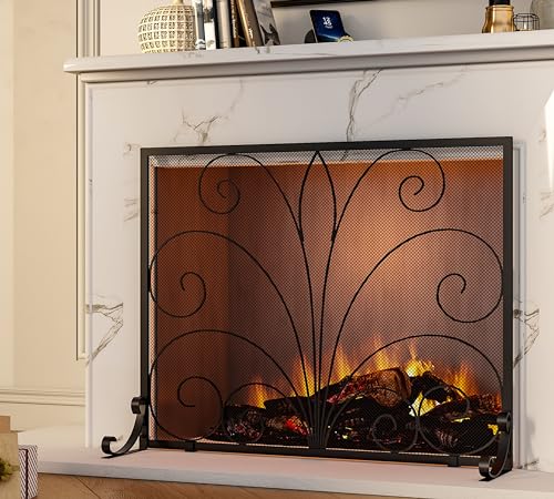 Fire Beauty Wrought Iron Fireplace Screen 37.8"L x 30.7"H Single Panel Spark Guard for Indoor Fireplace