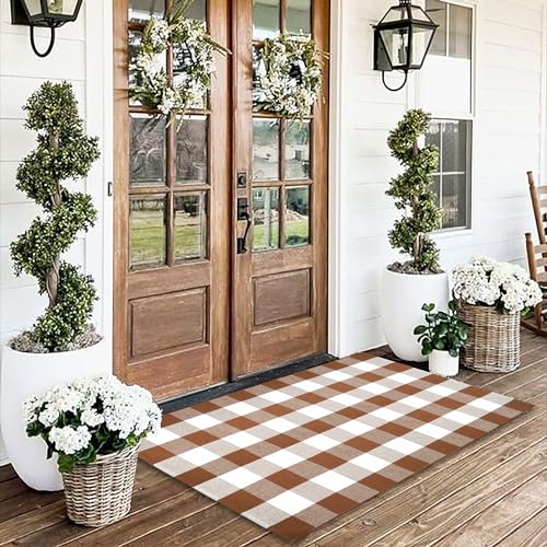 Homydecor Coffee & White Buffalo Plaid Outdoor Rug 4'x6' Farmhouse Welcome Mat