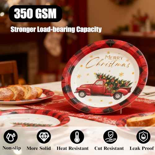 50 PCS Christmas Paper Plates, 7'' Christmas Party Plates, Disposable Red Truck Tree Design Merry Xmas Holiday Dinnerware for Xmas Party Supplies Winter Decorations