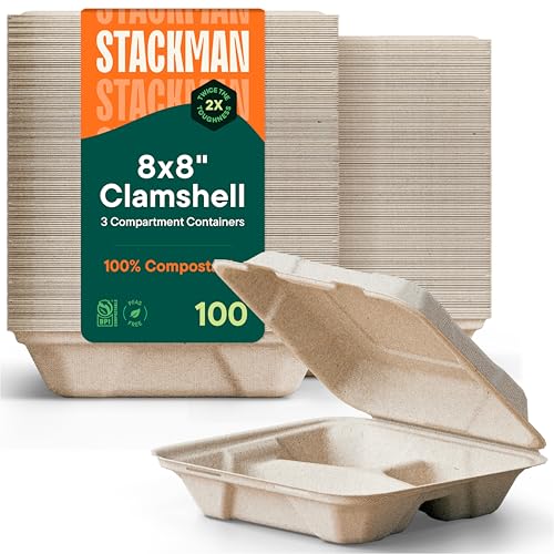8x8 3-Compartment Compostable Food Containers - 100-Pack