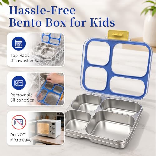 Kids Stainless Steel Lunch Box with 4 Compartments - Leakproof BPA-Free Bento Container, Blue Variation