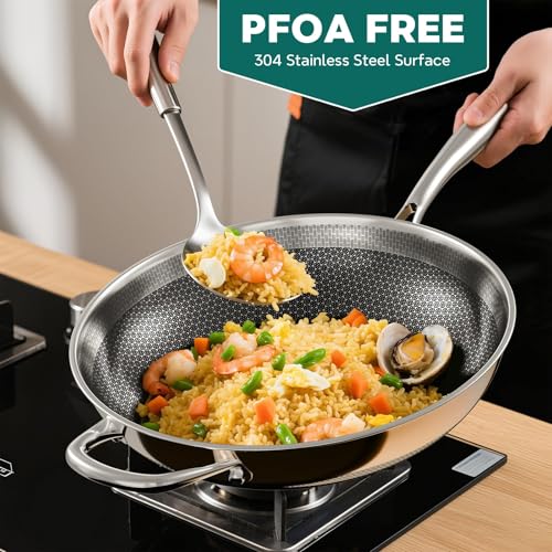 13-Inch Stainless Steel Wok Pan with Lid for Stir-Fry & Healthy Cooking