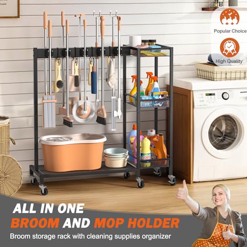 Olakee Large Broom & Mop Organizer with Cleaning Supplies Caddy, Janitorial Cart