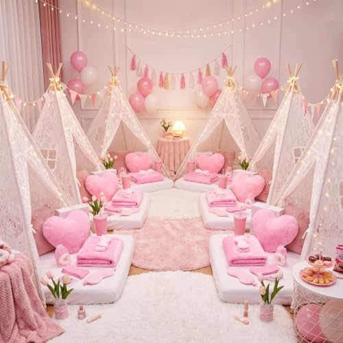 Pink Sleepover Party Supplies Set - 48 Pcs for Girls' Pajama Night, Solid Color