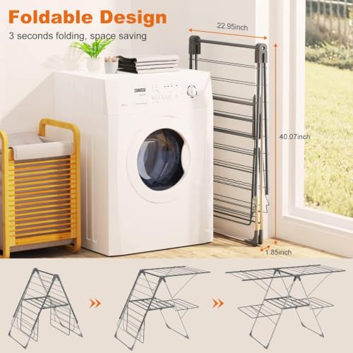 Bigzzia Foldable 2-Level Large Clothes Drying Rack - Gray, Adjustable Height