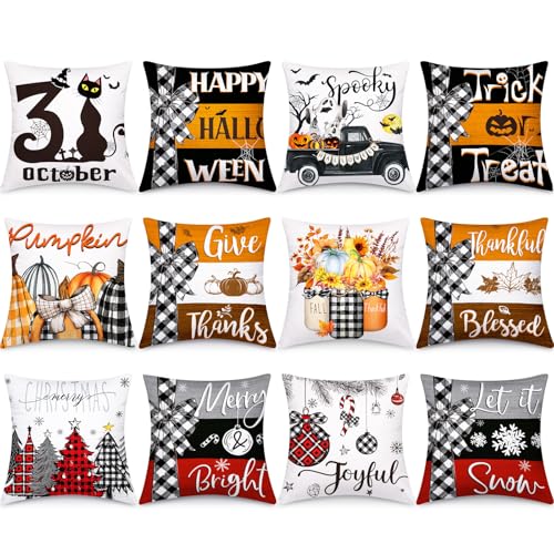 Preboun Halloween Pillow Covers Bulk 18 x 18 Inch Set of 12 Fall Holiday Seasonal Thanksgiving Ghost Pumpkin Pillow Cover Trick or Treat Horror Maple Spider Bat Christmas Cushion Case for Home Decor