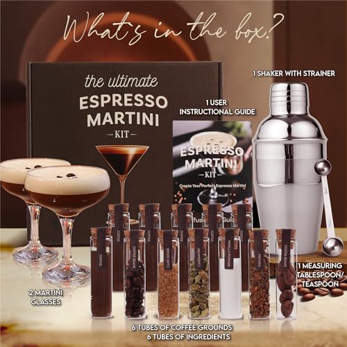 Espresso Martini Cocktail Kit with Glasses, Coffee Grounds & Mixology Tools