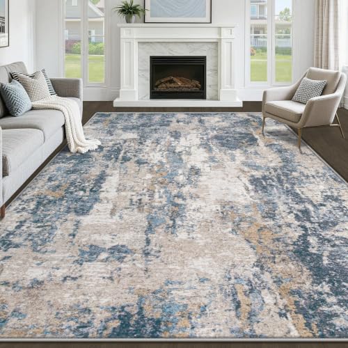 Aoyaomi 8x10 Blue Brown Abstract Washable Rug - Non-Slip Soft Indoor Carpet for Living Room & Bedroom - Variation: Blue Brown / 8' x 10'