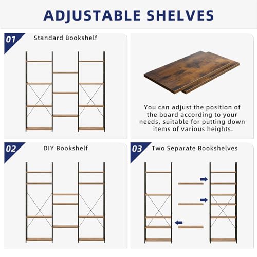 Vintage 4-Tier Bookshelf with 11 Adjustable Shelves - Triple Column Storage