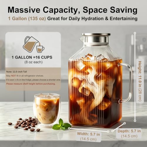 1 Gallon Square Glass Pitcher with Stripes - Borosilicate, Stainless Steel Lid, 135.3 Ounces