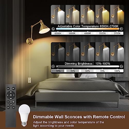 Gold Wall Sconce with Remote Control, Dimmable & Adjustable Color Temperature 2700K-6000K, Swing Arm Plug-In Light - 2 Pack