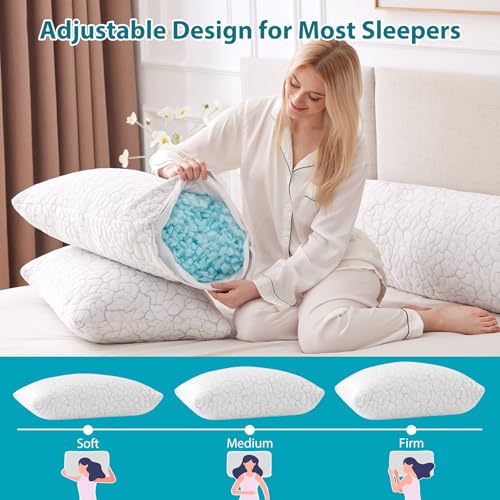 WGAKCED Queen Size Cooling Pillow Set of 2 - Adjustable Memory Foam Bed Pillows
