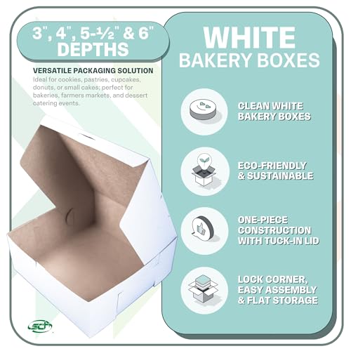 SCT White Non-Window Bakery Boxes 10x10x6 Inches - 100 Count, Paper, Lock-Corner Design