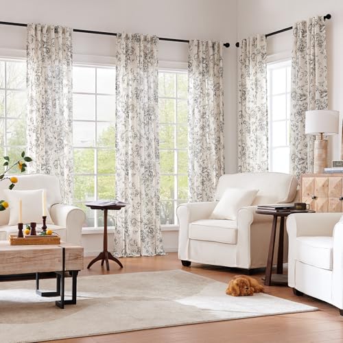 jinchan Black on Beige Floral Linen Curtains 84 Long, Pack of 2, Unlined, 50"W x 84"L