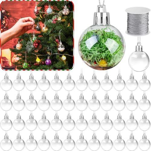 Wettarn 100 Pcs 1.2 Inch Clear Fillable Christmas Ornaments Balls with Silver Rope Set