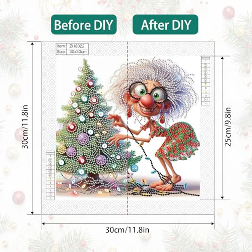 Grandma Christmas Tree 5D Diamond Art Kit for Beginners – 12x12 in Crystal Rhinestones