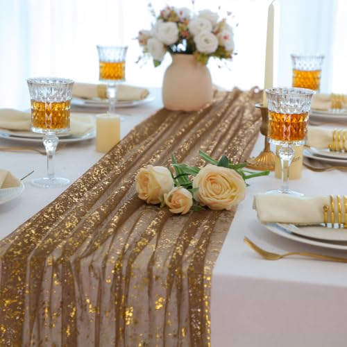 Snowkingdom 10 Pack 10Ft Gold Gauze Table Runner - Elegant Wedding & Party Decor