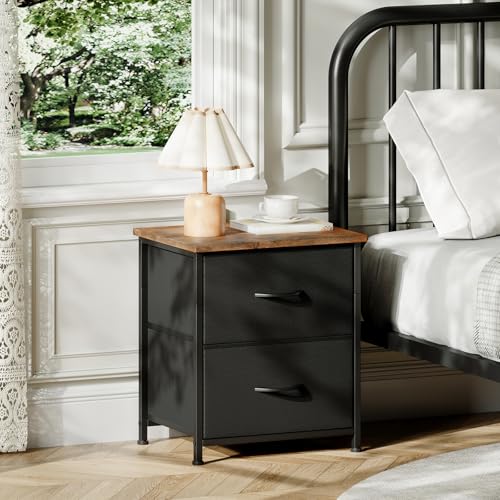 Small Nightstand with 2 Drawers - Rustic Black Bedside Table 16.5x11.8x19.7 Inches