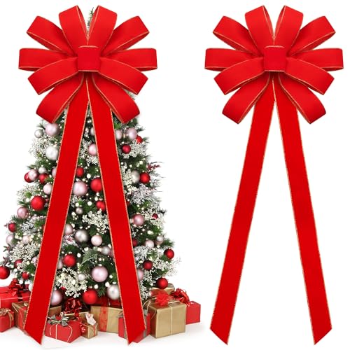2 Pieces Extra Large Red Velvet Christmas Bows 70 x 19 Inches with Gold Glitter Edge - 6-Loop Decor