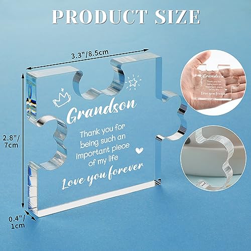 Funnli Grandson Gifts from Grandma Acrylic Puzzle Plaque - Christmas Valentines Day Fathers Day Birthday Gifts for Grandson 3.35 x 2.76 Inch Desk Decorations