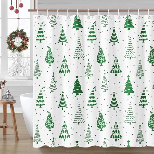 Mocsicka Green Christmas Tree Shower Curtain 72x72 in | Waterproof Polyester Bath Curtain with 12 Hooks
