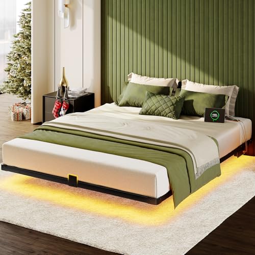 Black Queen Floating Bed Frame with Smart LED Lights & Charging Station