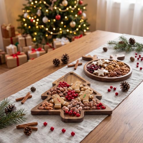 Nhohobiy Acacia Wood Christmas Tree Charcuterie Board & Reindeer Tray – Medium (Tree & Reindeer)
