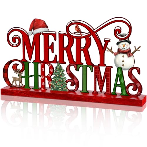 Cinnvoice 11.8 Inch Merry Christmas Sign - Red Green Table Decor (Variation: Christmas)