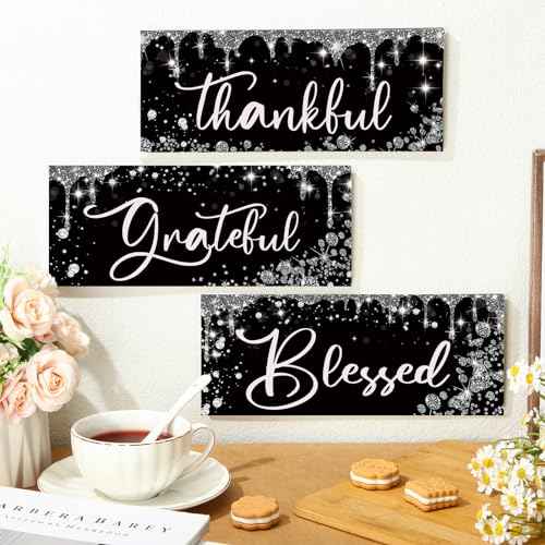 Wenqik 3 Pcs Glitter Wooden Thankful Wall Decor Diamond Grateful Blessed Wall Decor Thanksgiving Wooden Black Silver Shiny Hanging Sign Christmas Decoration Wood Gift for Home Bathroom