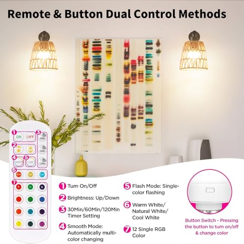 Black Wireless Rattan Wall Sconce Set of 2 - Dimmable RGB Rechargeable Wall Lights with Remote, 6.3in