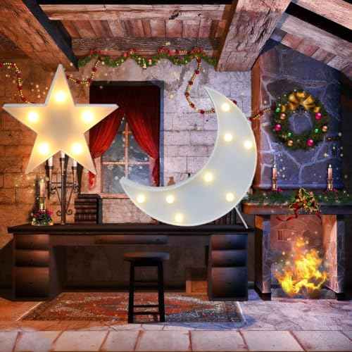 QiaoFei Decorative Moon-Star Night Light,Cute LED Nursery Night Lamp Gift-Marquee Moon-Star Sign for Birthday Party,Baby Shower,Kids Room, Living Room Decor(White)