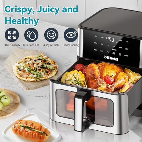 Deime 10.2 QT Air Fryer Silver 1700W with 10 Presets, Visual Cooking Window