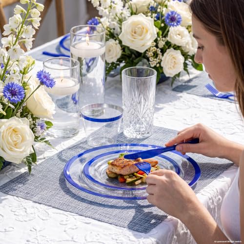700Pcs Dark Blue Plastic Dinnerware Set for 100 Guests - Clear Plates & Utensils