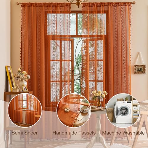 Sutuo Home Terracotta Boho Lace Curtains 2 Panels 84 Inches Long for