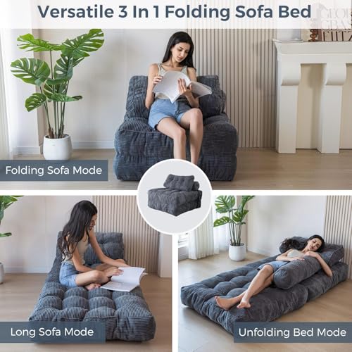 MAXYOYO Dark Grey Folding Sofa Bed with Pillow - Convertible Chair & Bed for Small Spaces