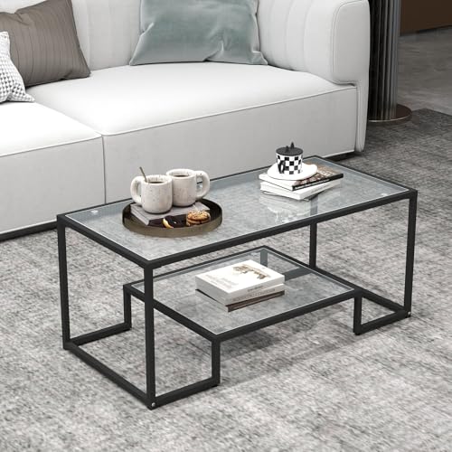 42.5 x 19.5 Inch Rectangular Glass Coffee Table - Black, Modern Home Accent