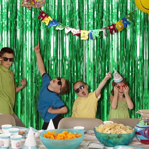 2 Pack Green Streamers Backdrop Jungle Party Decorations Foil Fringe Backdrop Curtains Photo Booth Backdrop for Birthday Dinosaur Animal St Patrick's Day Football Christmas Party Decorations