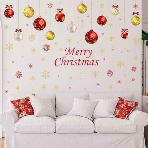 IMISHM Christmas Wall Decals - 6 Sheets Removable Decorations, Stickers for Wall, Window, Refrigerator Door - Balls and Ornaments
