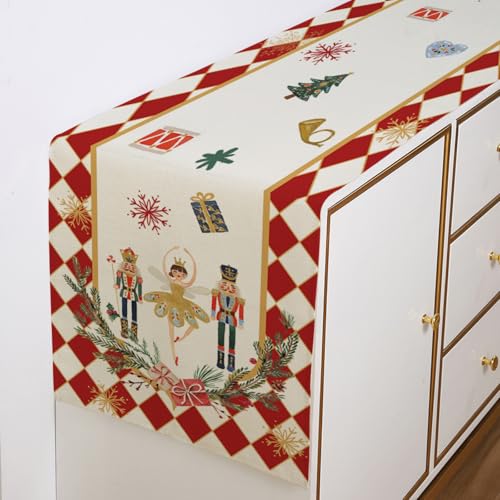 Christmas Nutcracker Table Runner 13x72 Inch, Red Plaid Winter